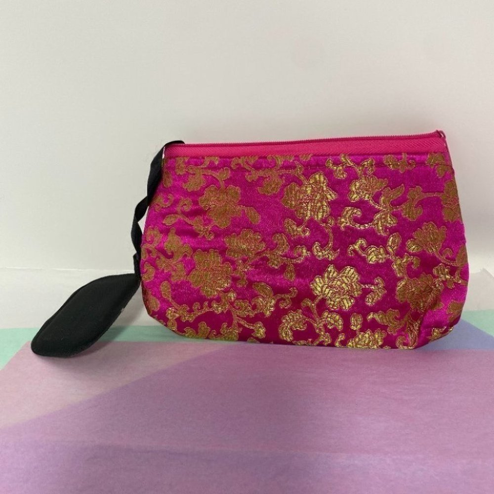 Pink and Gold oriental design cosmetic bag with a mirror, with a zippe